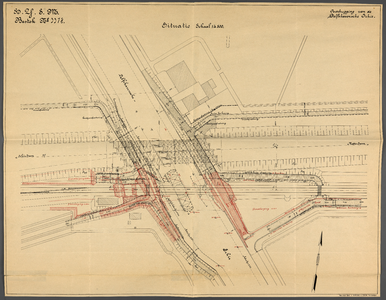 852580 Situatie van de oude en nieuwe spoorbruggen (rolbasculebruggen) over de Delfshavensche Schie tussen Schiedam en ...